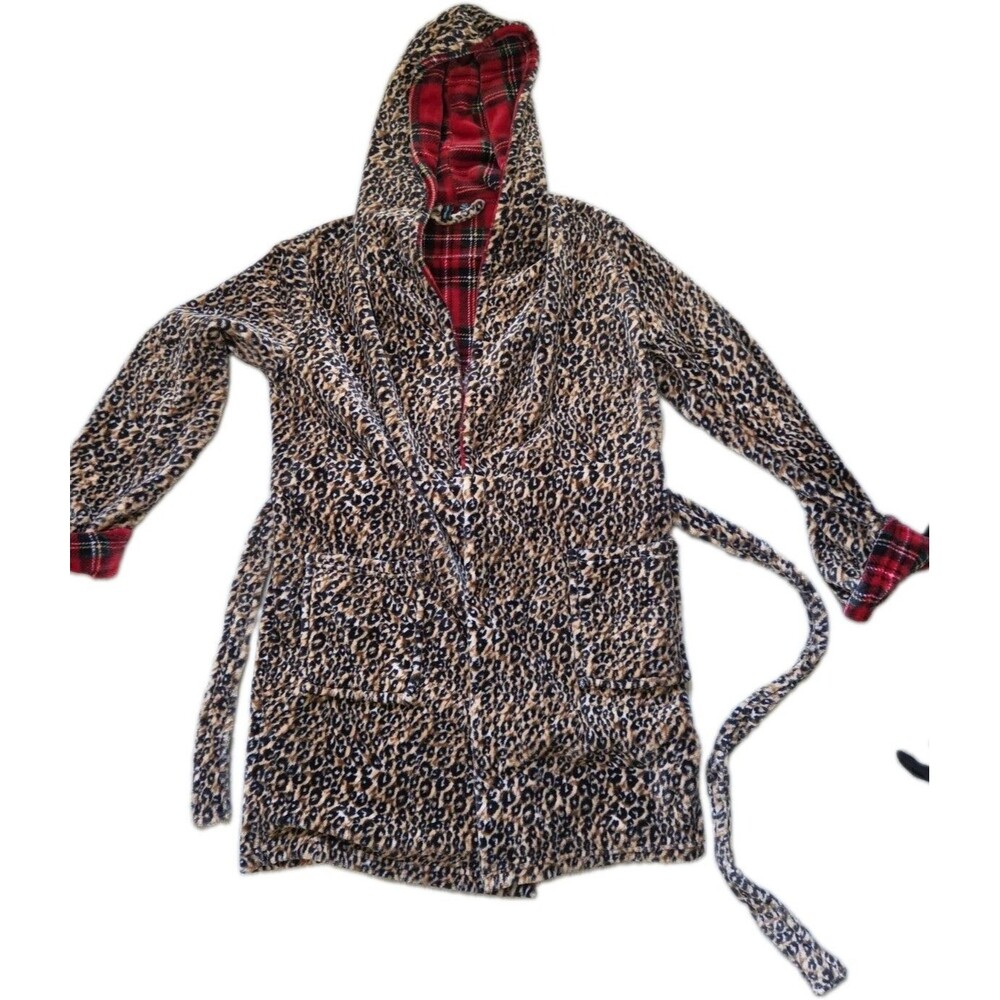 Cynthia Rowley Leopard Print Plush Hooded Robe Red Plaid Lined Belted Size M EUC